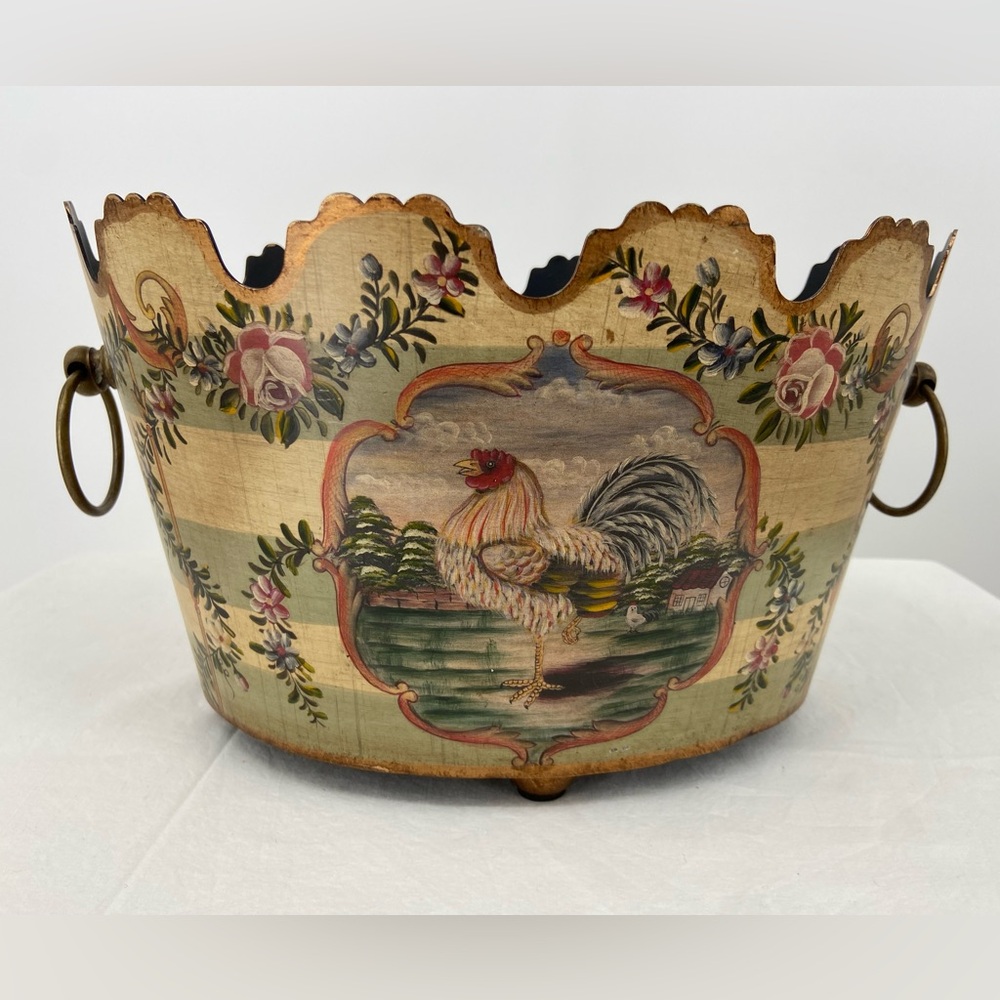 Decorative Rooster & Flowers Metal‎ Container Plant Holder with Handles